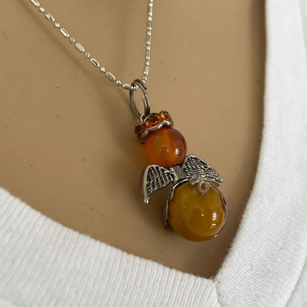 Angel Bead Charm Necklace 17in Silver Tone Ball & Bar Chain Amber Color